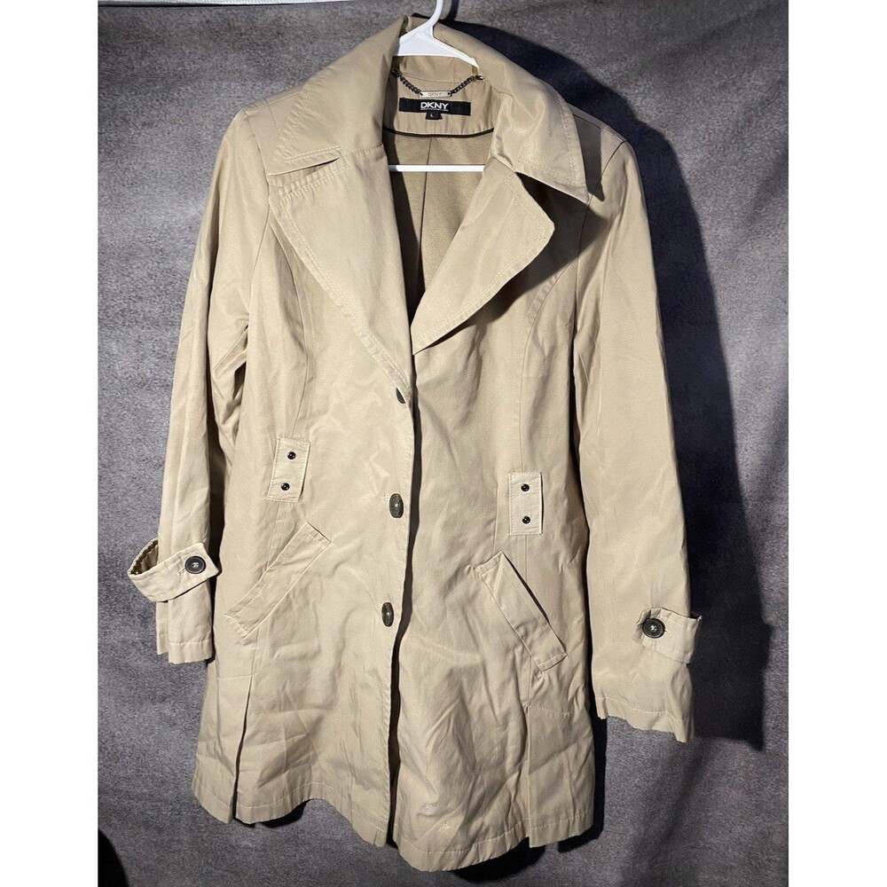 DKNY Women's Beige Trench Coat Button Front Collared Long Sleeve Size L